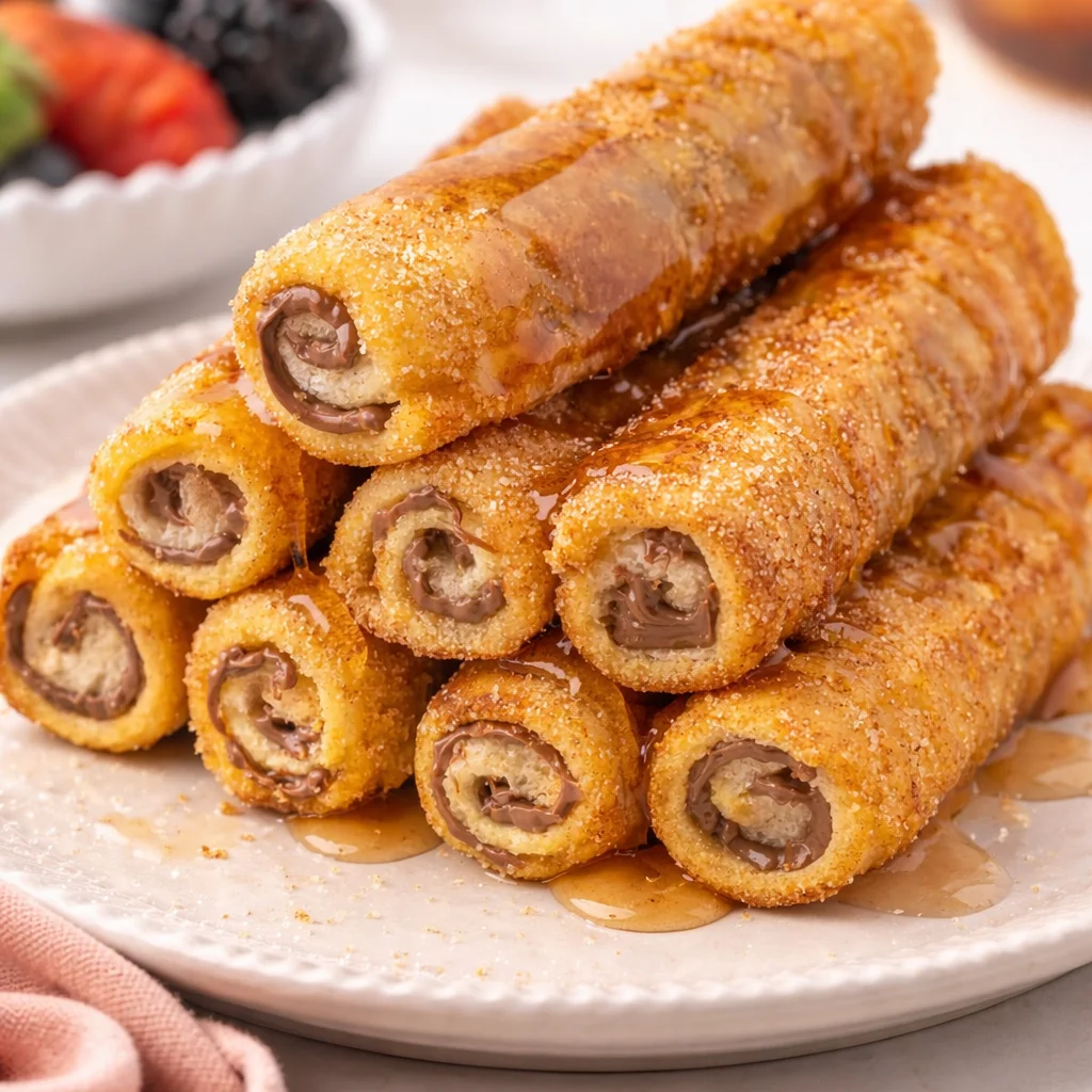 Delicious French Toast Roll-Ups with cream cheese and fruit filling.
