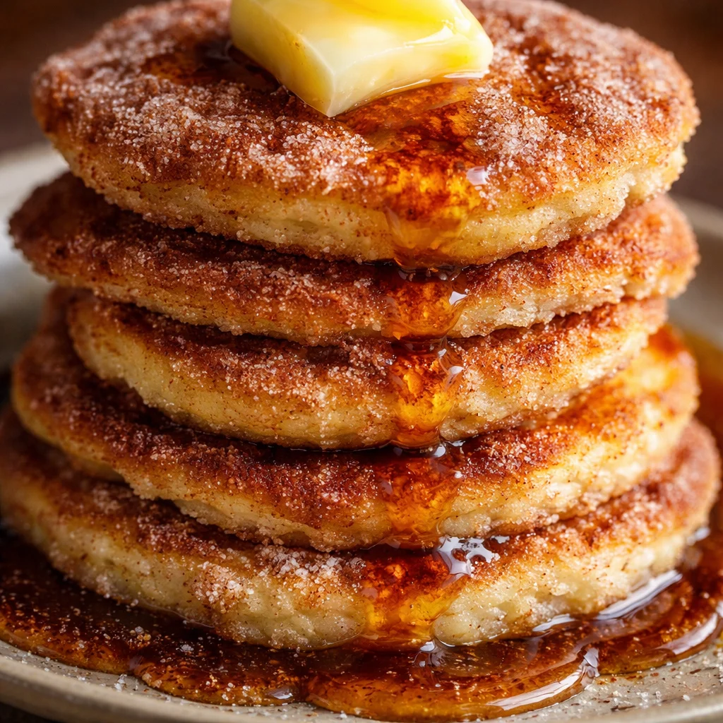 Fluffy Spanish churro pancakes coated in cinnamon sugar topped with chocolate sauce.