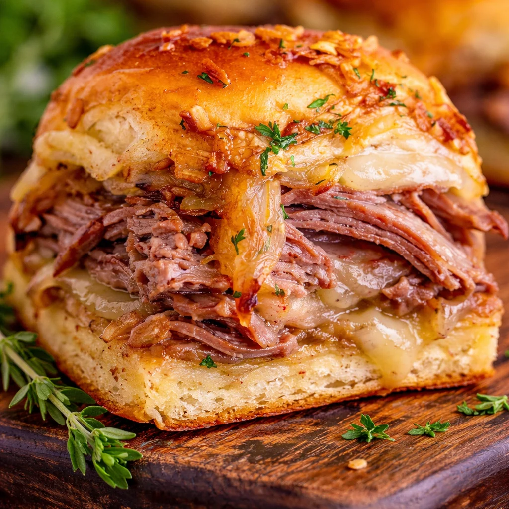 Delicious French Dip Sliders with roast beef, melted cheese, and au jus for dipping.