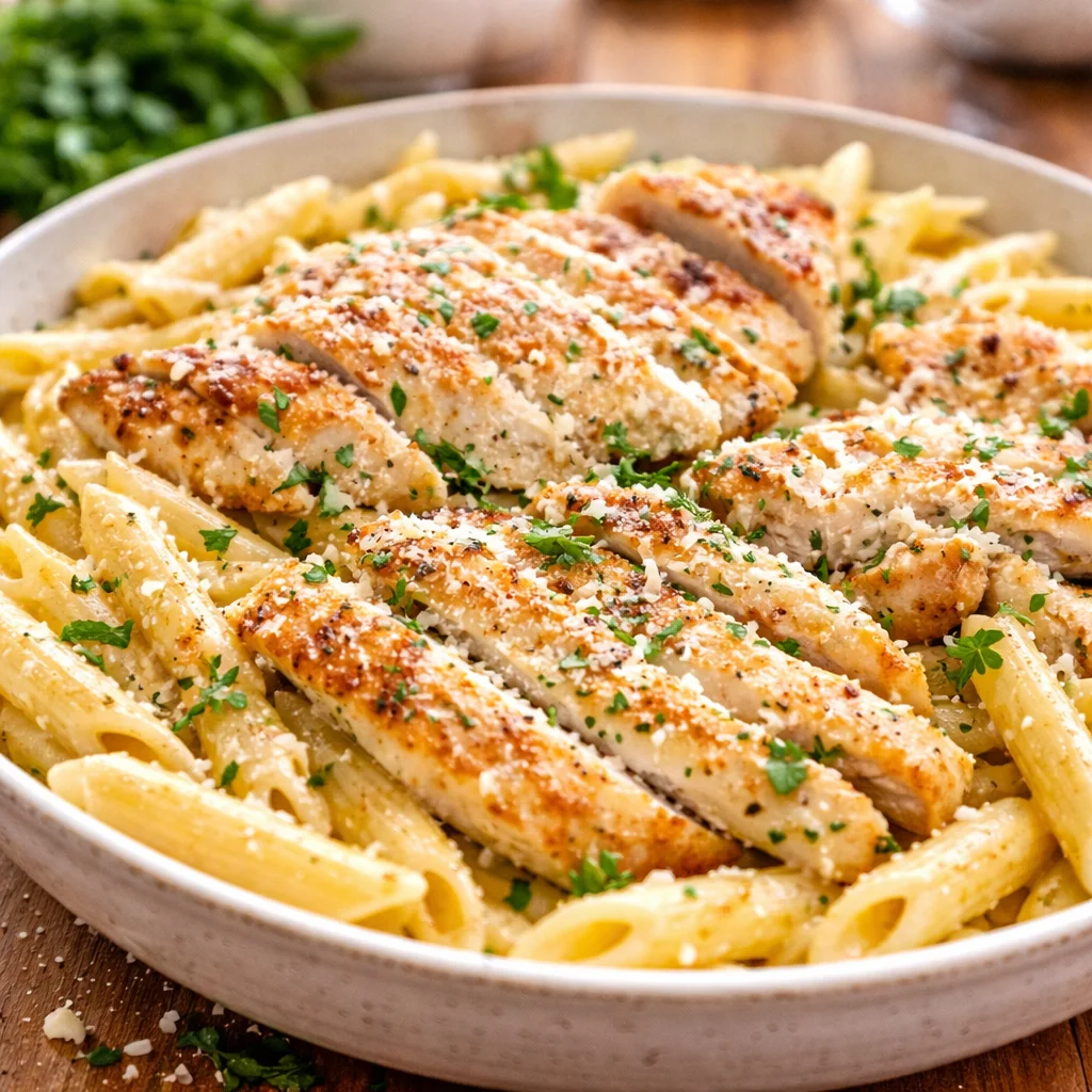 Creamy Garlic Parmesan Chicken Pasta dish with fresh herbs and garlic cloves.
