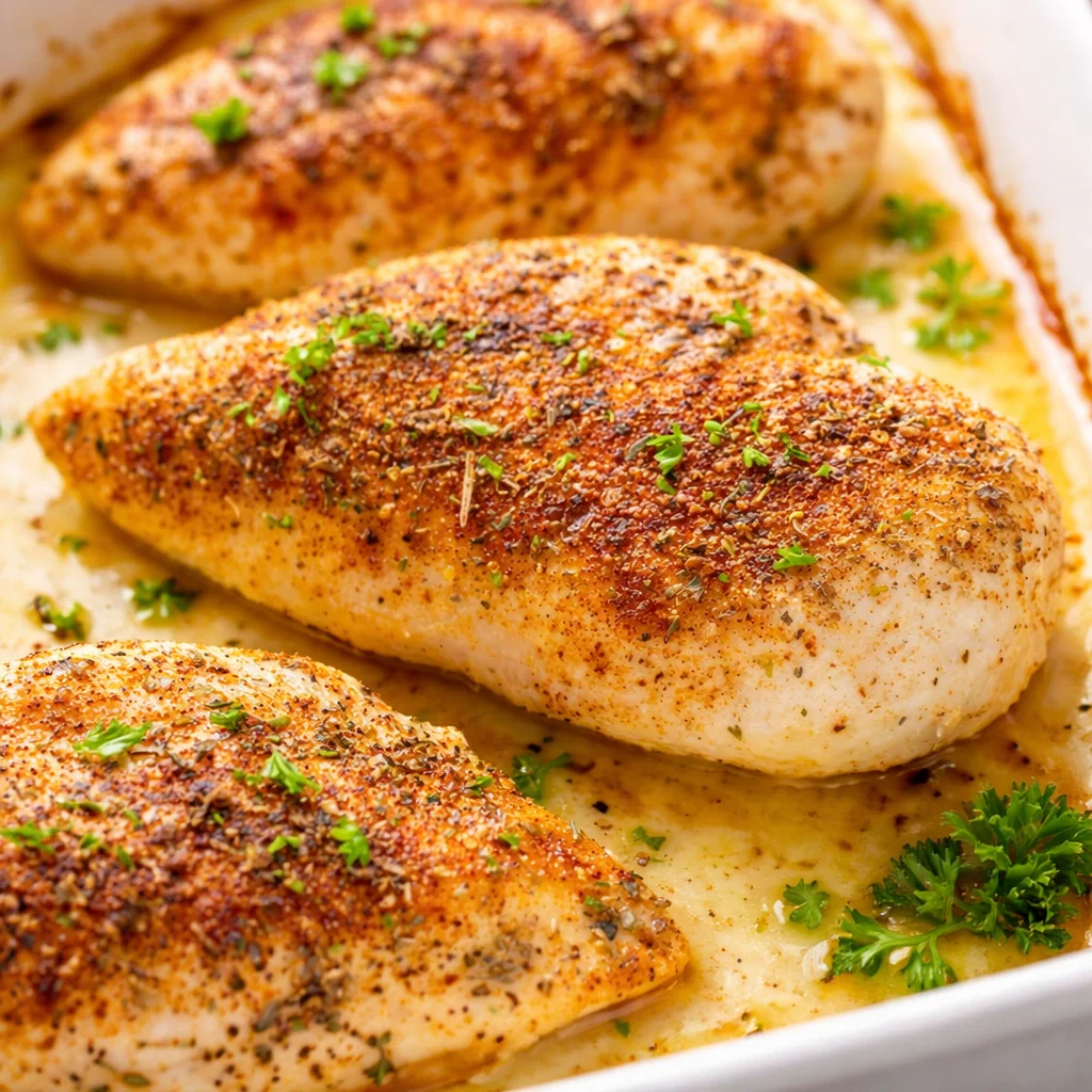 Delicious oven-baked chicken breast topped with savory seasonings and herbs.