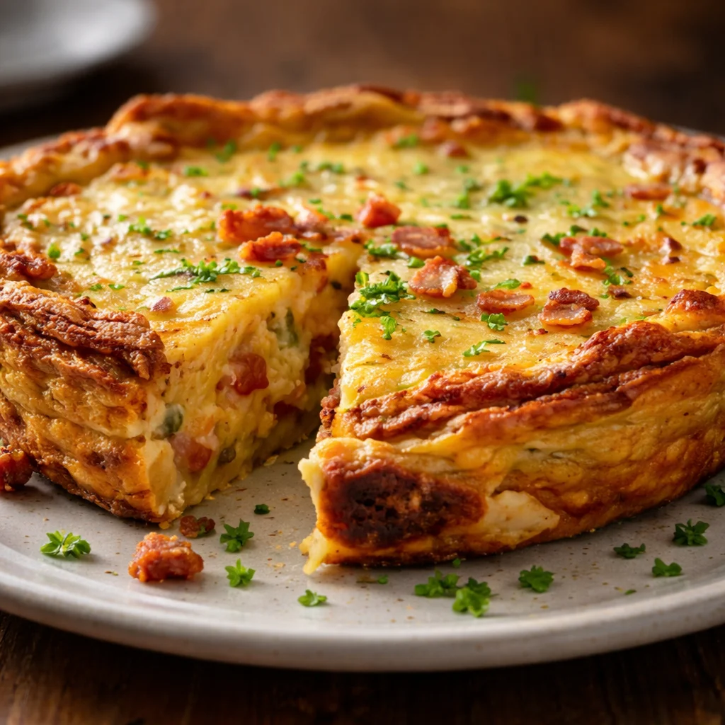 Ina Garten Bacon Potato Frittata served with golden potatoes and crispy bacon.