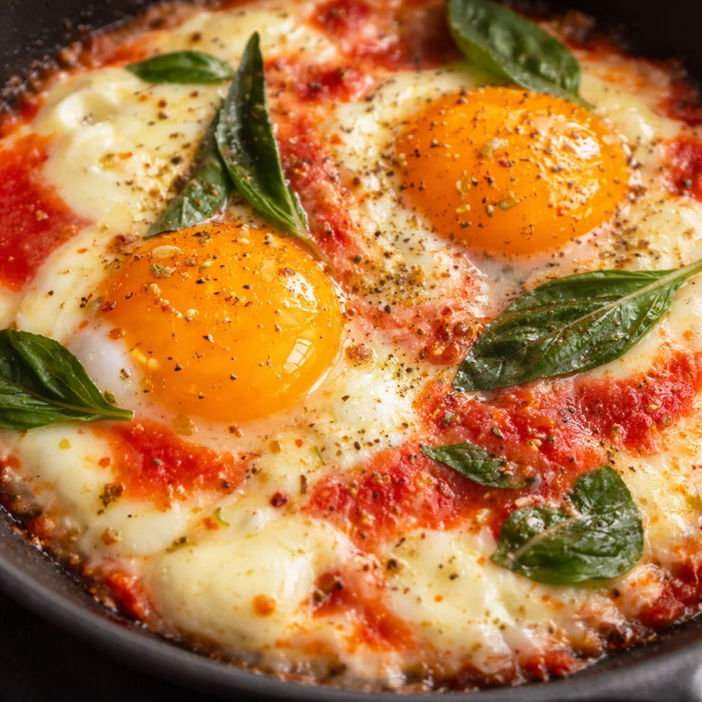 Delicious Pizza Eggs with pepperoni and mozzarella cheese topped with pizza sauce.