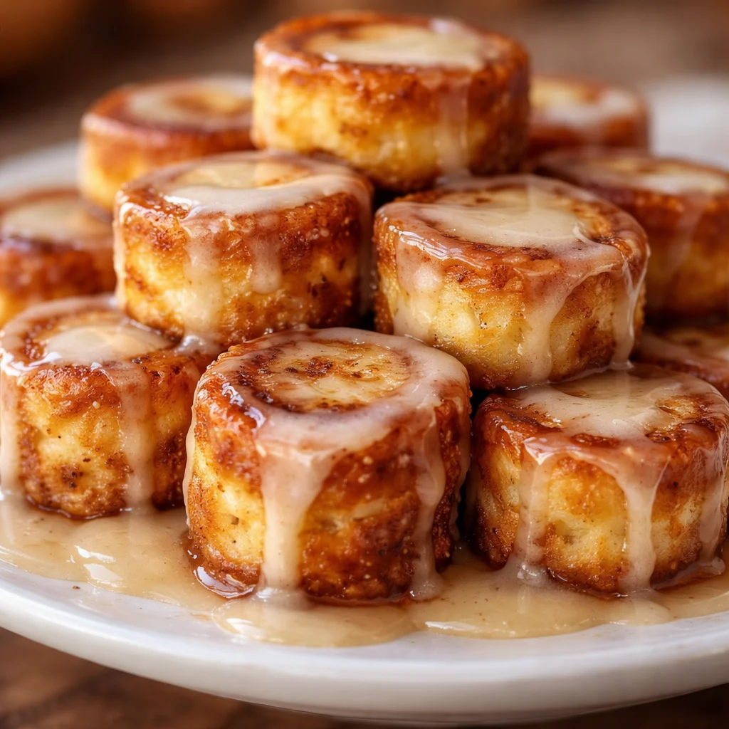 Delicious Cinnamon Roll French Toast Bites garnished with syrup and cinnamon.