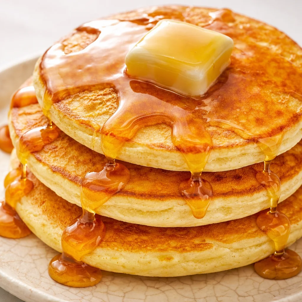 Fluffy pancakes served with syrup and fresh berries on a plate.