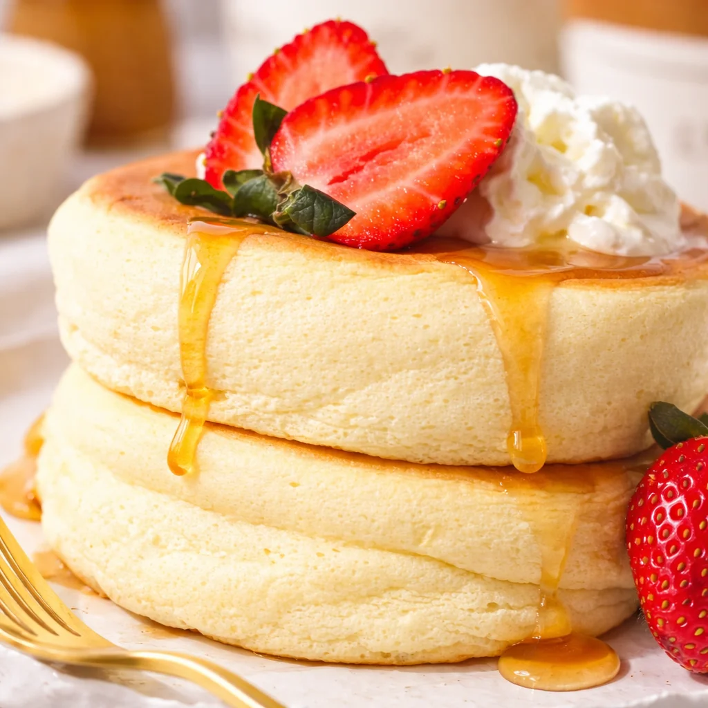 Soft and fluffy Japanese Soufflé Pancakes drizzled with maple syrup and served with fresh berries.