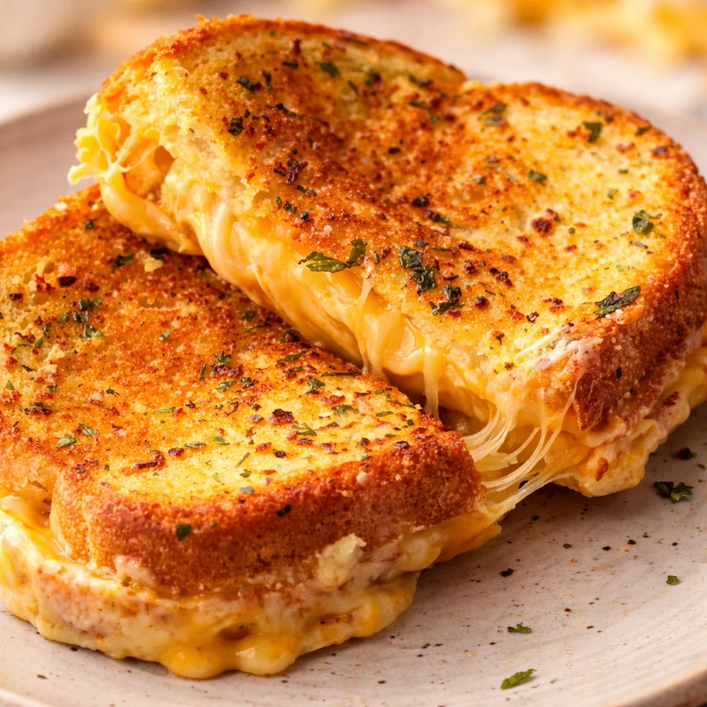 Delicious Garlic Bread Grilled Cheese sandwich with melty cheese and a buttery, garlicky crust.