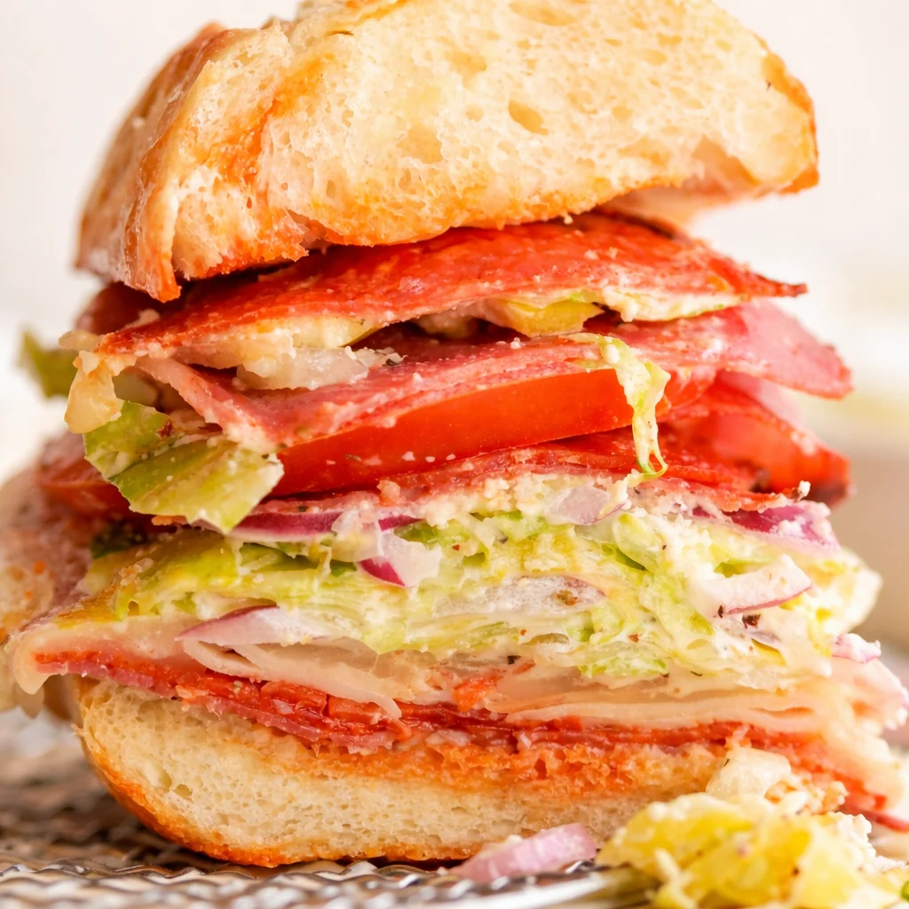 Delicious Italian Grinder Salad Sandwich with meats, cheese, and fresh veggies.