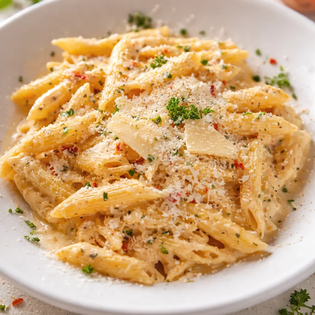 One Pot Creamy Garlic Pasta served in a bowl with fresh herbs.