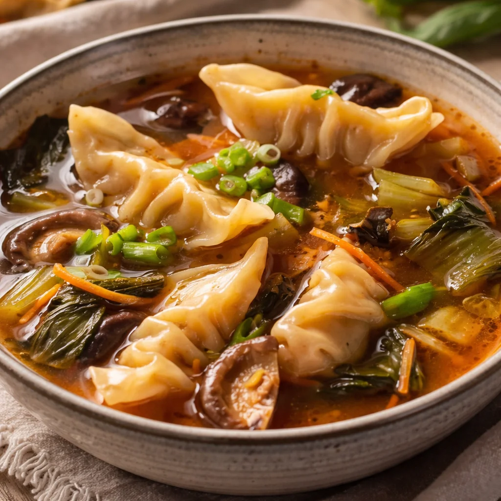Delicious homemade potsticker soup with dumplings and fresh vegetables.