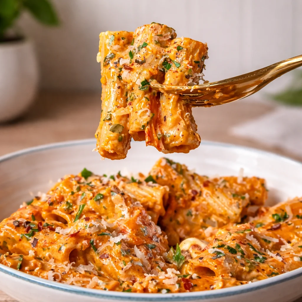 A bowl of creamy tomato garlic pasta garnished with herbs and cheese