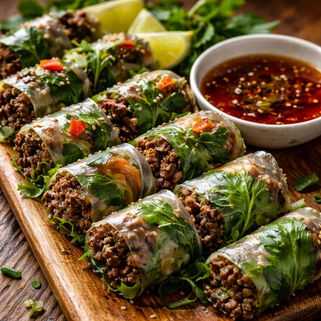 Colorful Thai Basil Beef Rolls with ground beef wrapped in rice paper.
