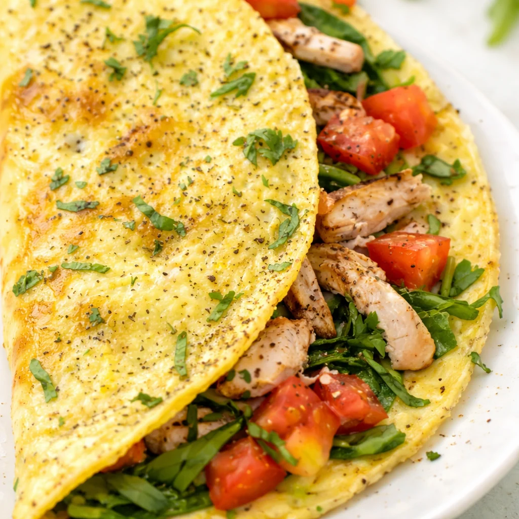 Delicious chicken omelette filled with veggies and leftover chicken, perfect for breakfast.