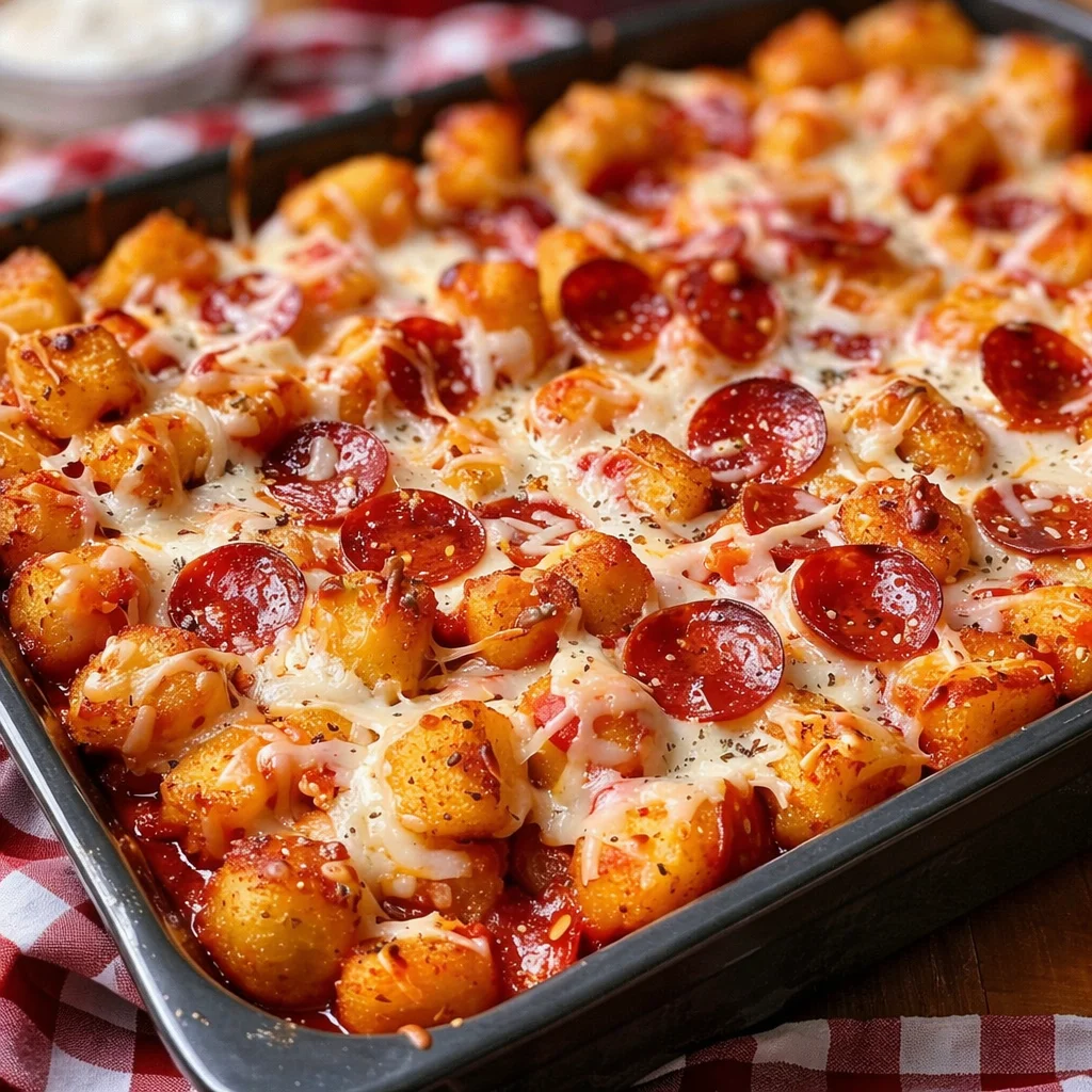 Delicious Pizza Tot Casserole topped with cheese and pepperoni