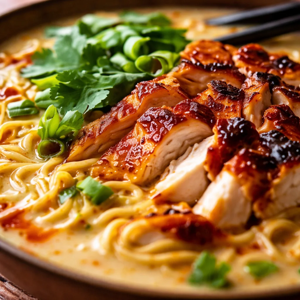 Creamy Garlic Chicken Ramen served in a bowl with herbs and noodles