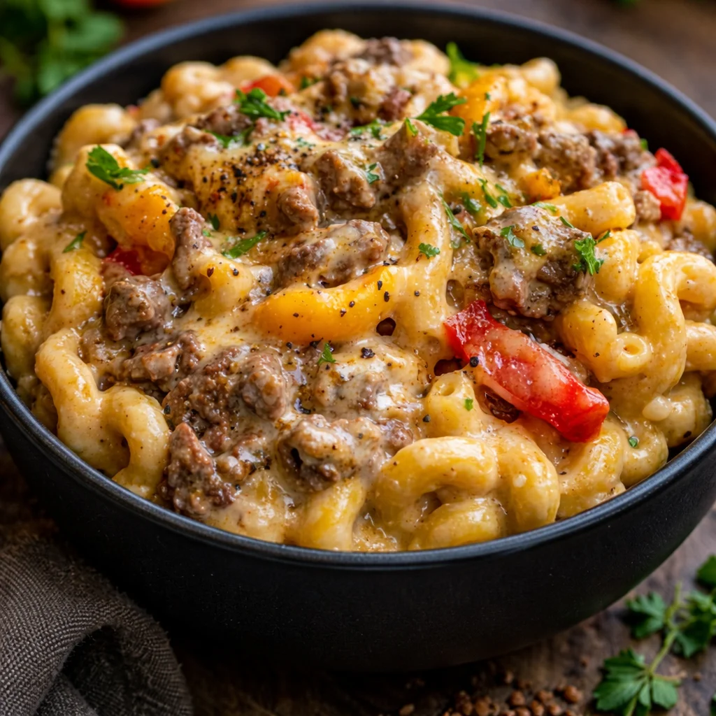 High-Protein Philly Cheesesteak Mac topped with melted cheese and bell peppers.