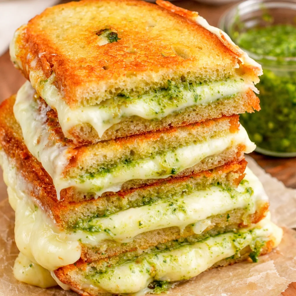 Delicious best pesto grilled cheese sandwich with mozzarella and sun-dried tomatoes