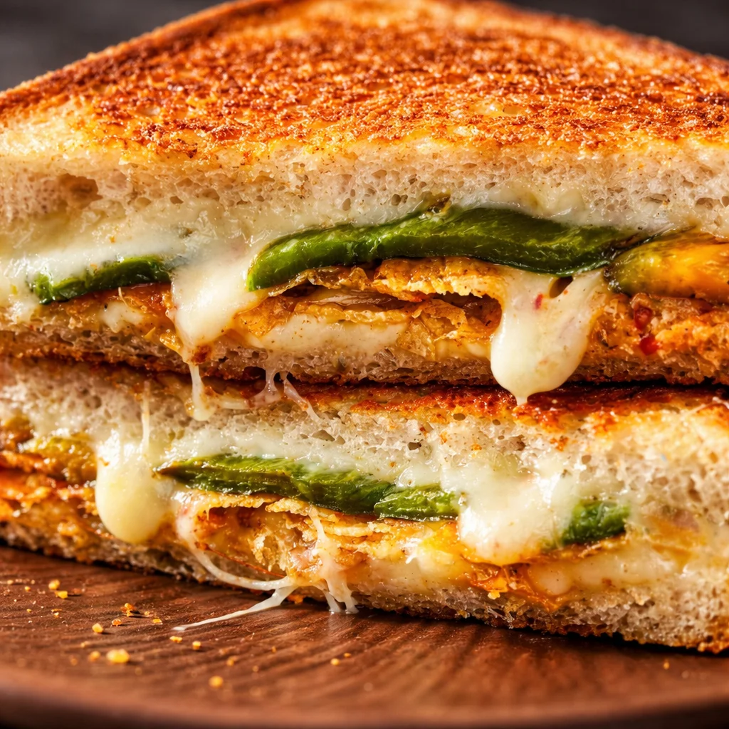 Roasted Jalapeno Popper Grilled Cheese sandwich with melted cheese and crispy bacon.
