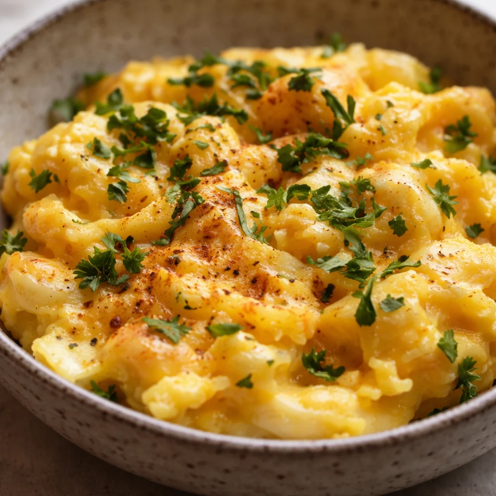Cheesy Potato Egg Scramble with melted cheese and fried potatoes in a skillet