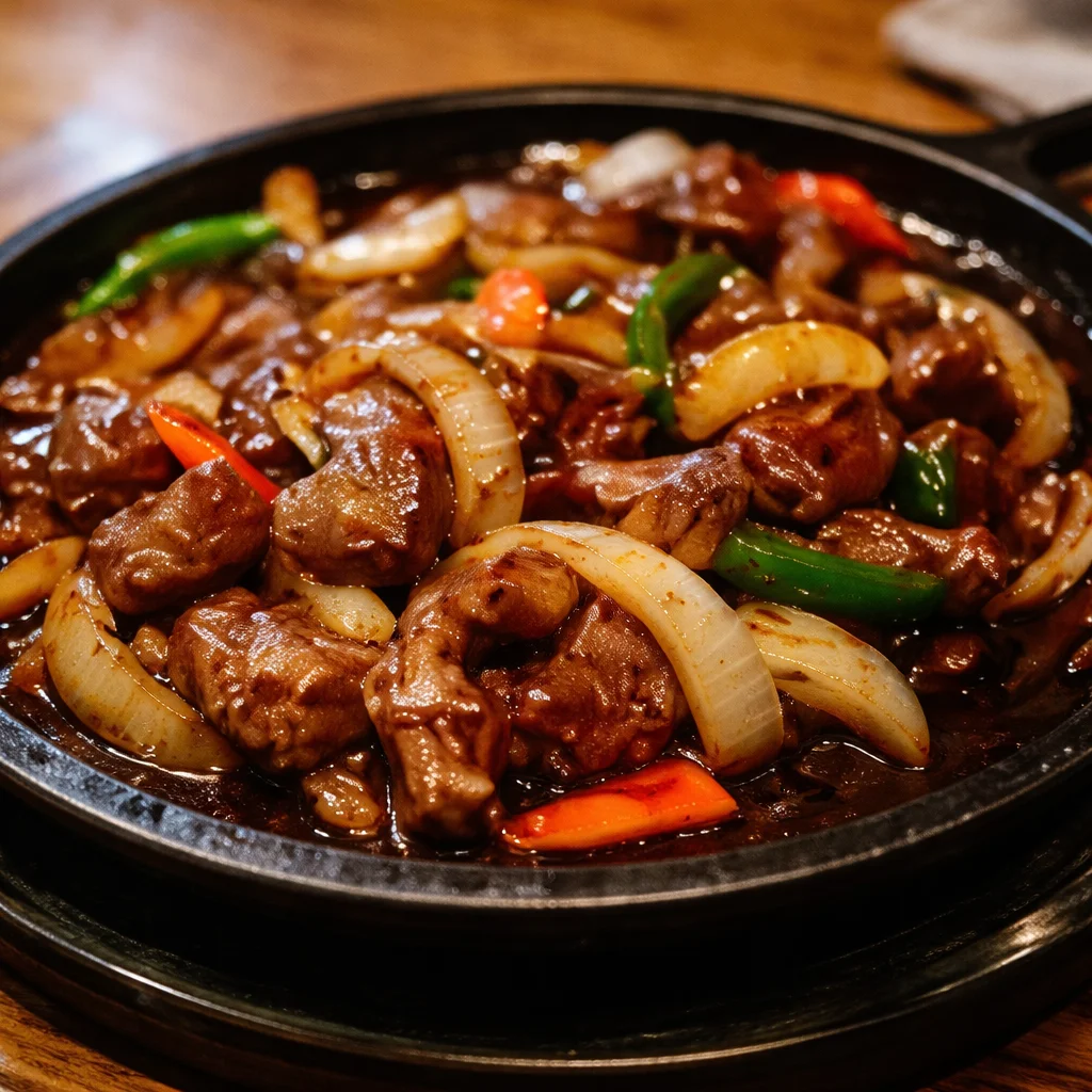 Delicious Chinese Pepper Steak with Onions and bell peppers stir-fry served on a plate.