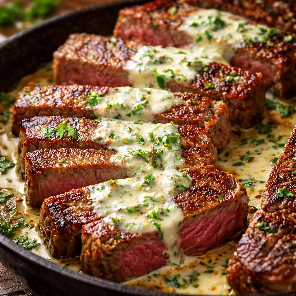 Delicious Garlic Butter Steak with Parmesan Cream Sauce served with mashed potatoes.