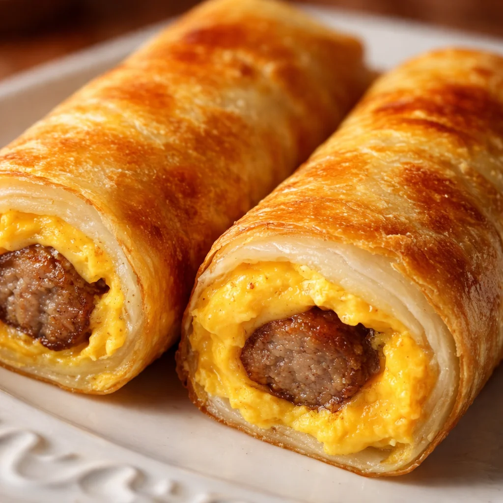 Savory sausage egg breakfast rolls baked with cheese in crescent dough.