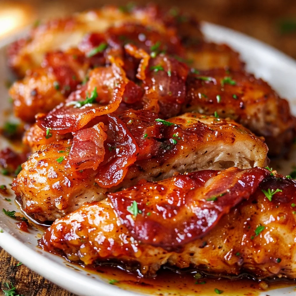 Delicious Bacon Brown Sugar Chicken wrapped in crispy bacon, perfectly cooked for a sweet and savory meal.