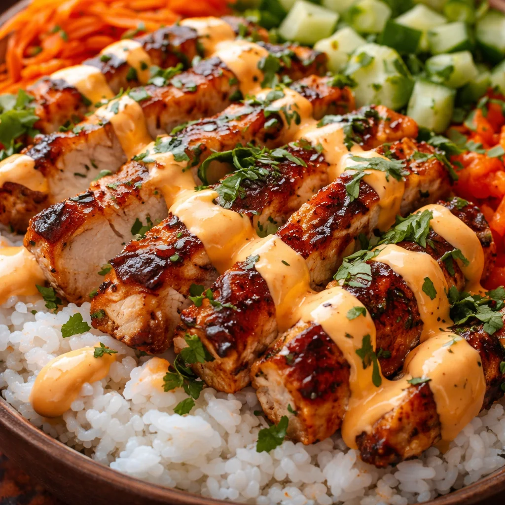 Bang Bang Chicken Bowl with seasoned chicken, spicy sauce, and fresh vegetables over rice.