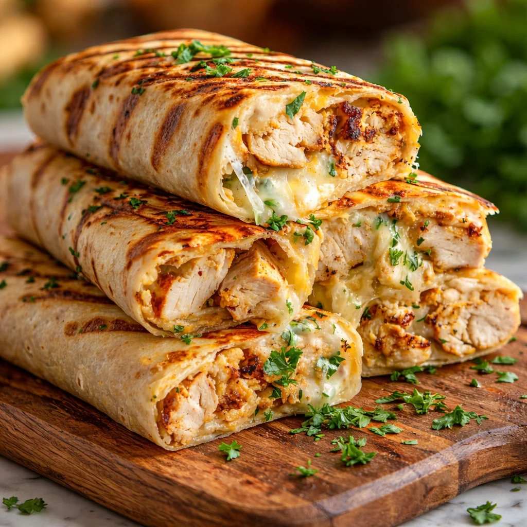 Delicious Cheesy Garlic Chicken Wraps filled with juicy chicken and melted cheese