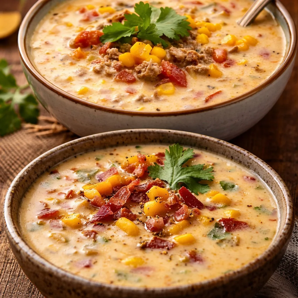Hearty Cowboy Soup Recipe with ground beef, beans, and fresh vegetables in smoky broth.