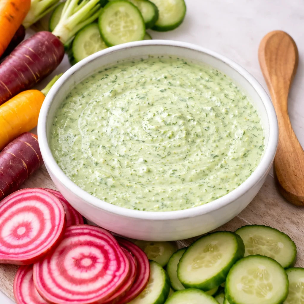 A bowl of The BEST Green Goddess Dressing garnished with fresh herbs.