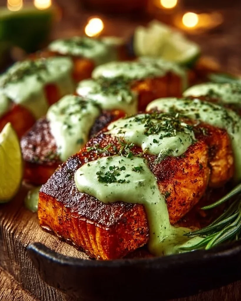 Baked Cajun Salmon drizzled with creamy avocado lime sauce on a plate