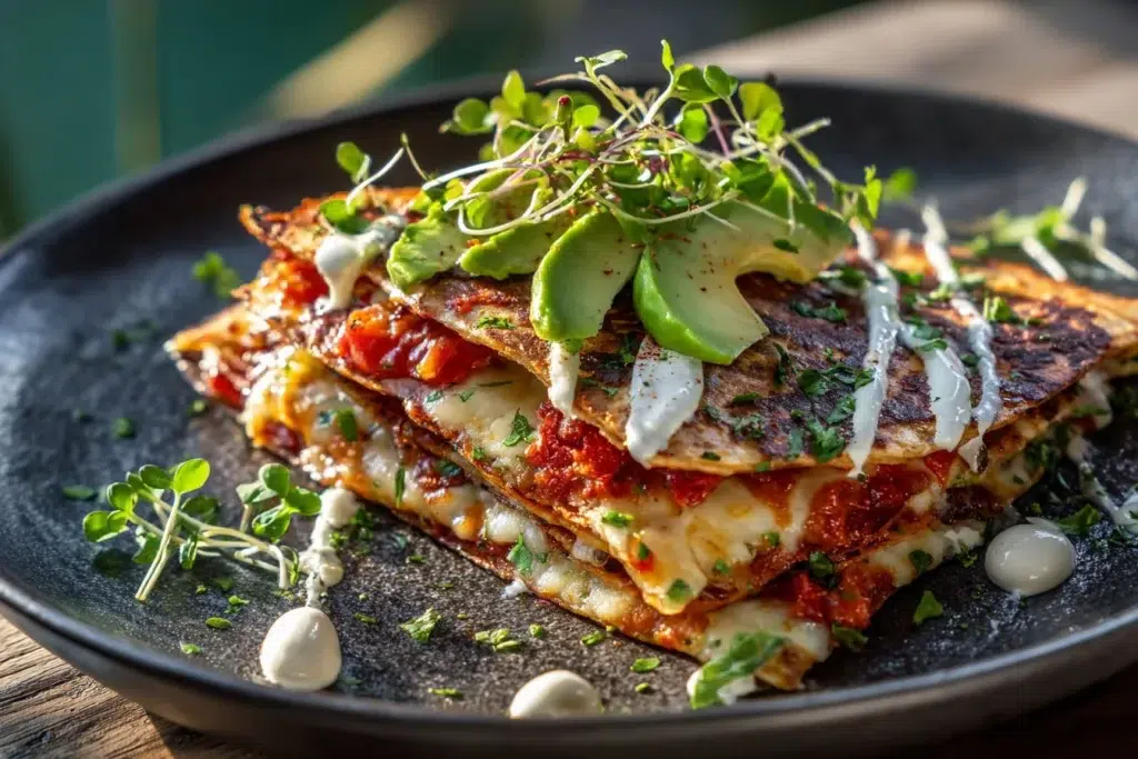 Delicious Basil Ranch Chicken and Bacon Quesadilla on a plate