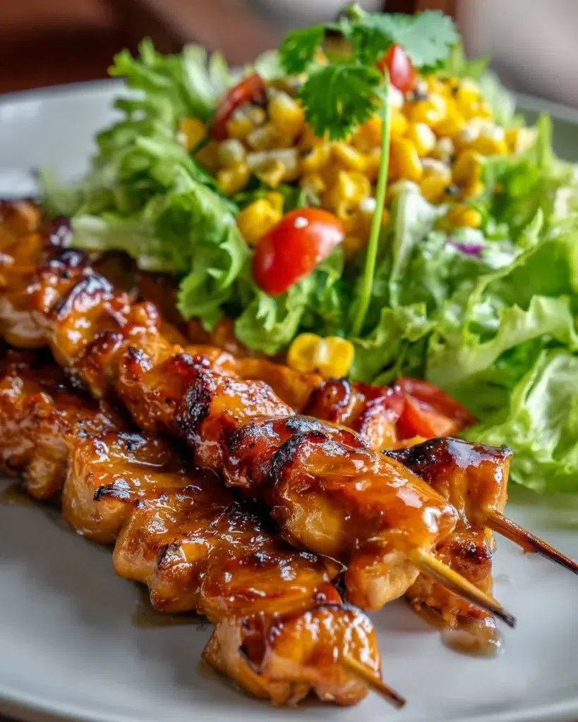 BBQ chicken skewer salad with colorful vegetables and dressing