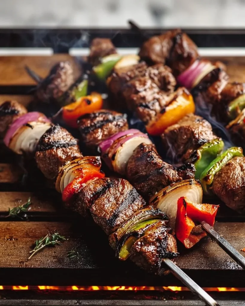 Delicious beef shish kabob skewers grilled to perfection with vegetables
