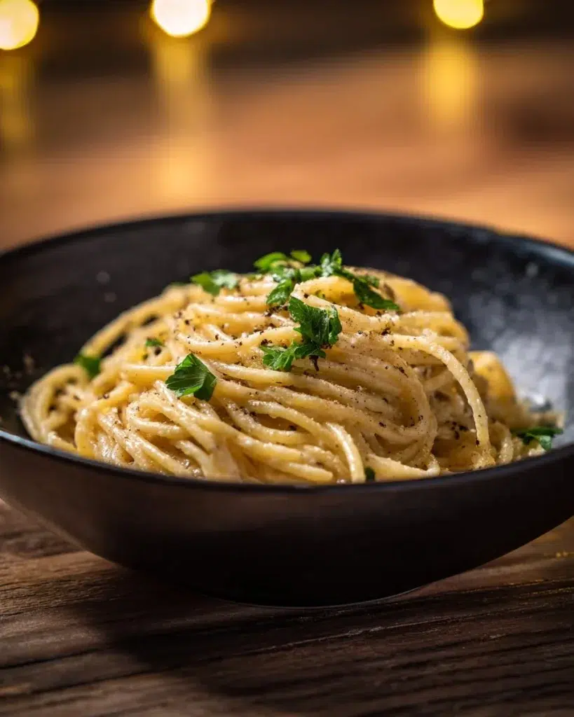 Bowl of cheesy garlic Parmesan spaghetti garnished with parsley