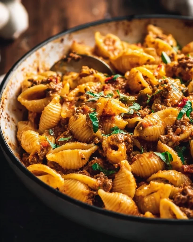 Delicious cheesy taco pasta served in a bowl with toppings