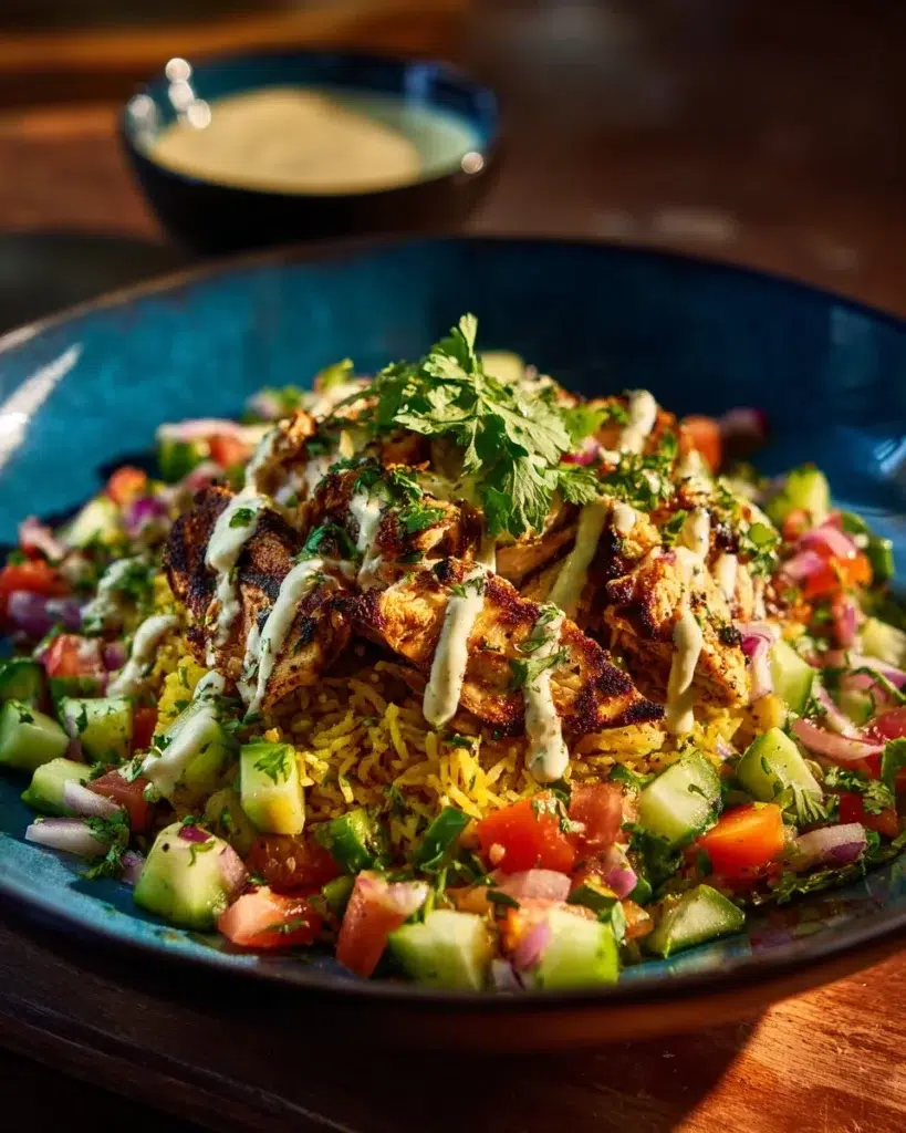 Chicken Shawarma Crispy Rice Salad with colorful vegetables and dressing