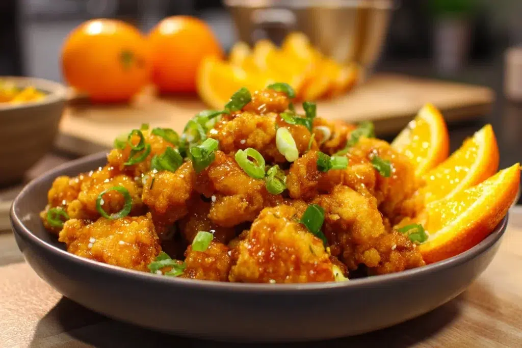 Delicious serving of Chinese orange chicken garnished with sesame seeds and green onions.