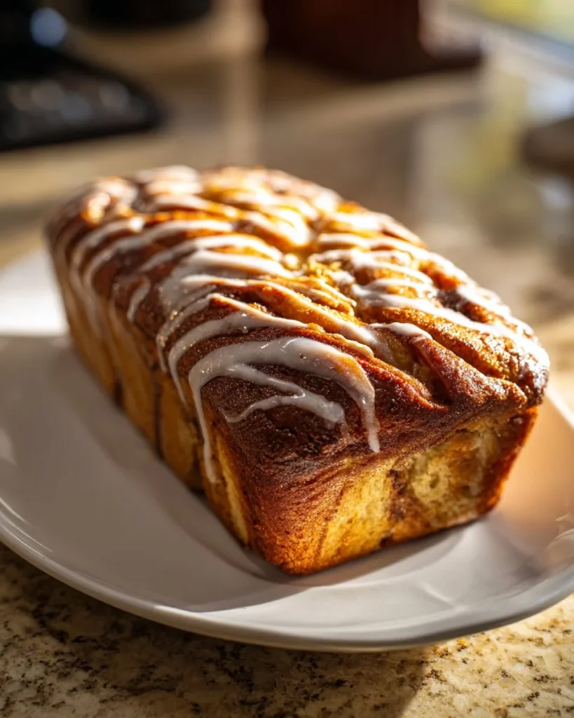 Slice of cinnamon roll banana bread with icing on a plate