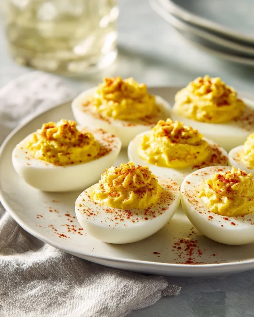 Classic deviled eggs garnished with paprika and herbs