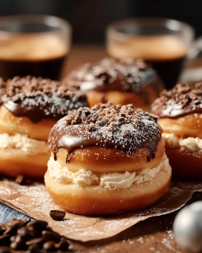 Delicious coffee cream filled donuts on a plate