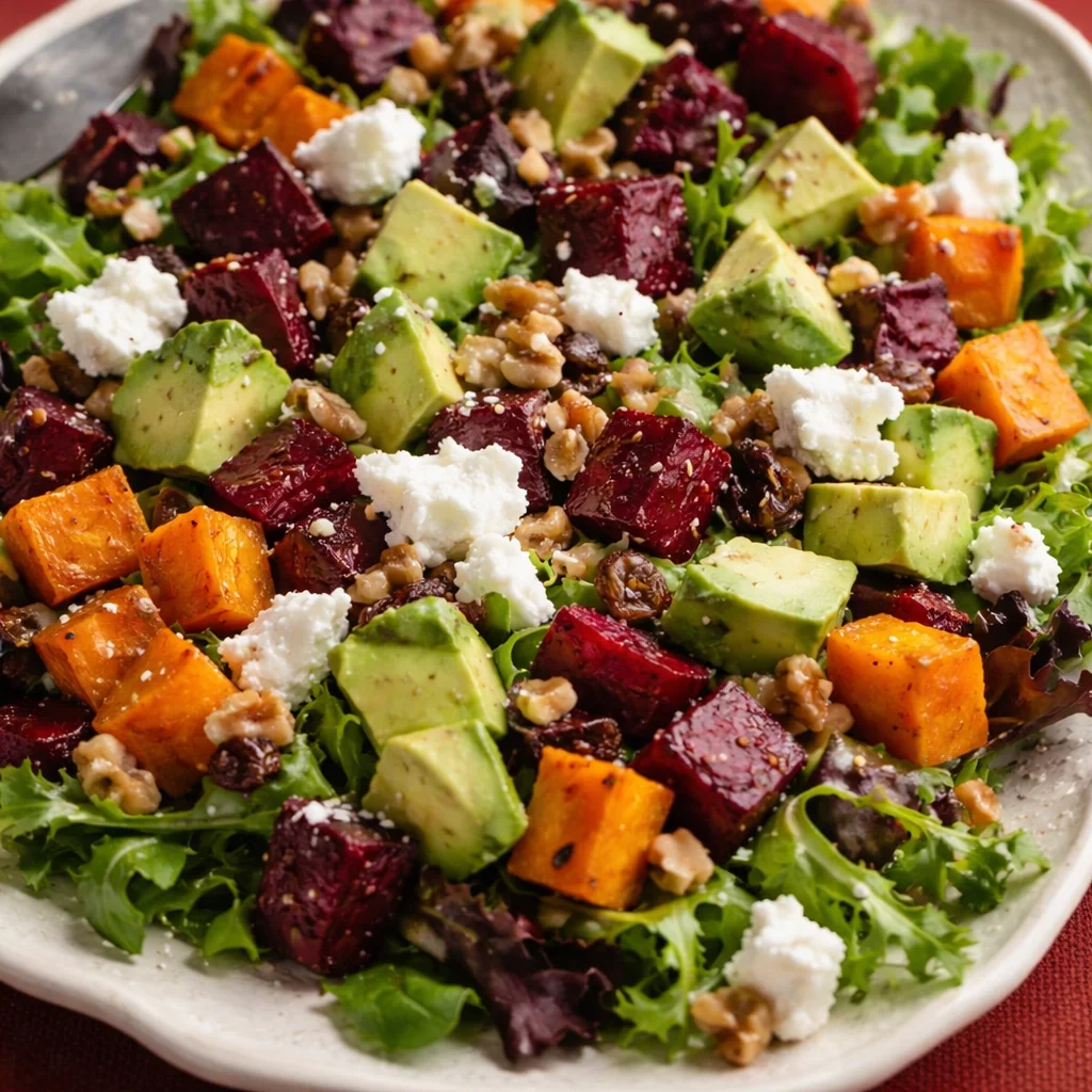 Vibrant Roasted Beet, Sweet Potato & Avocado Salad with colorful veggies and toppings.