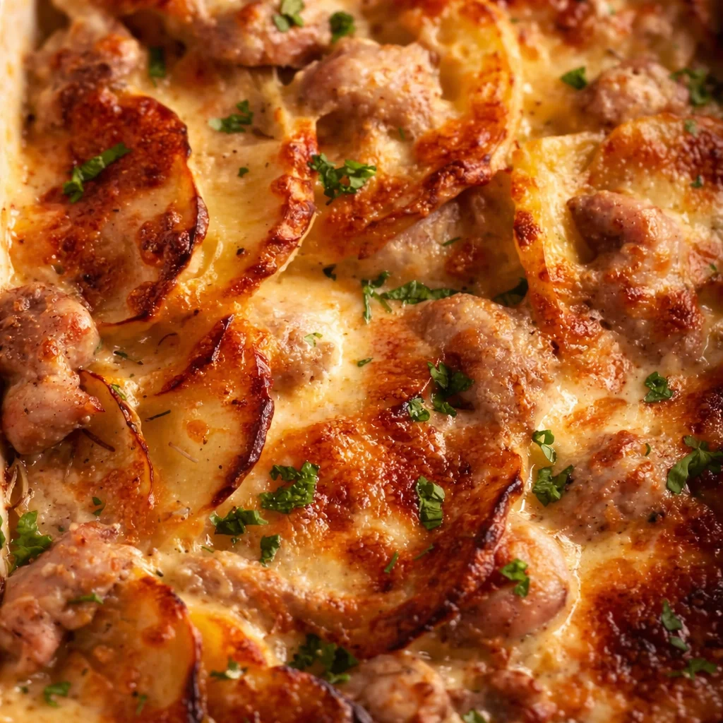 Creamy Chicken Potato Casserole with tender chicken and cheesy potato topping.