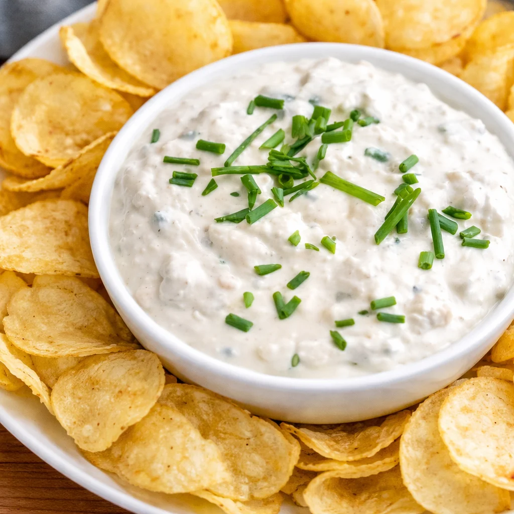 Bowl of creamy Clam Dip with Cream Cheese, served with chips for dipping.