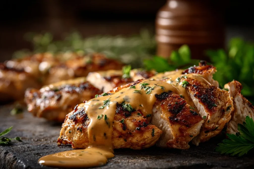 Creamy ranch chicken dish served on a plate with herbs and vegetables.