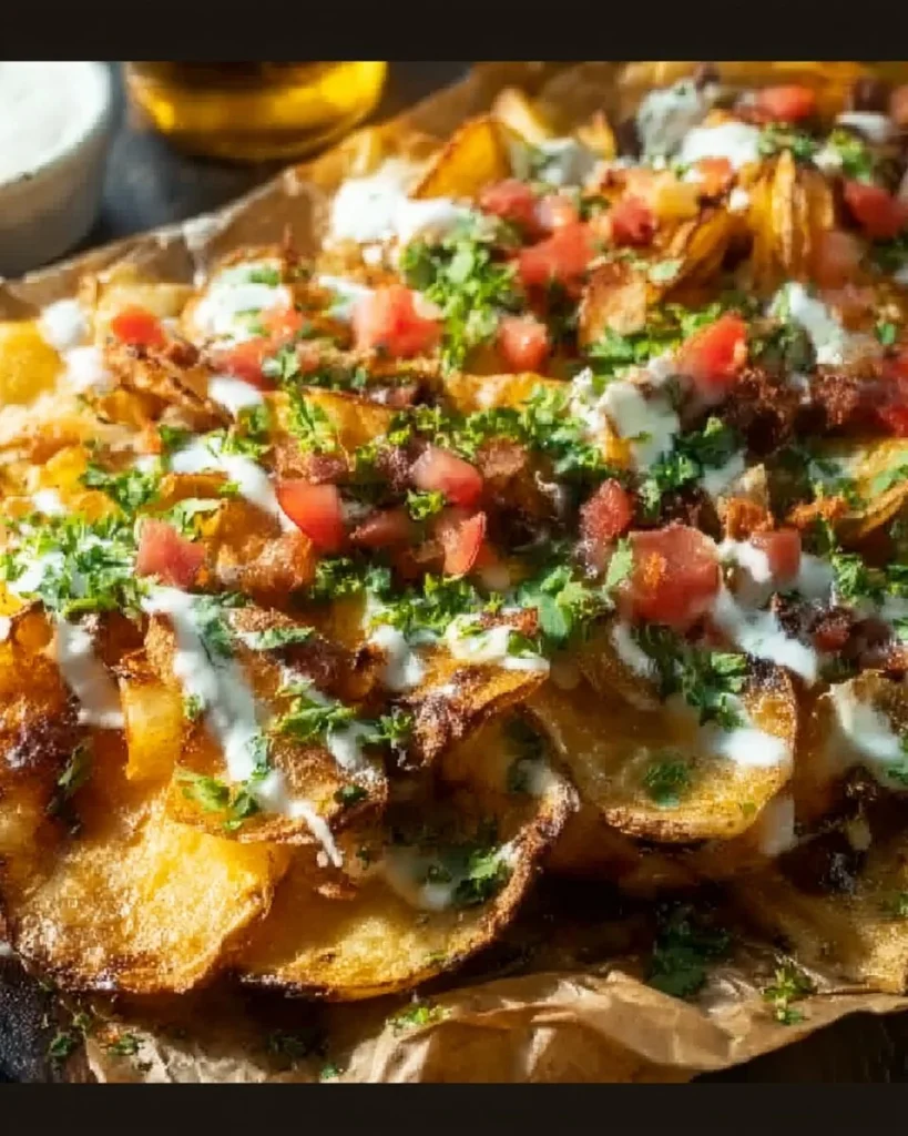 Crispy Irish Pub Potato Nachos topped with cheese and toppings