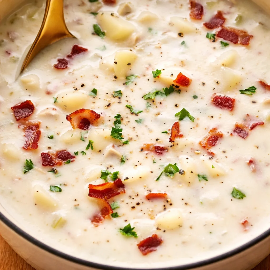 Delicious bowl of Gordon Ramsay's clam chowder topped with fresh herbs.