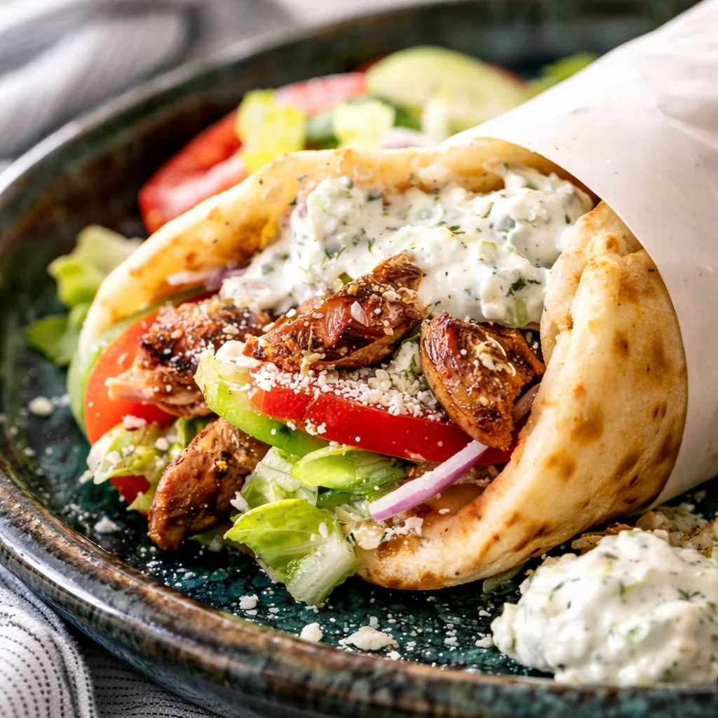 Juicy Greek Chicken Gyros wrapped in homemade pita with tzatziki sauce.