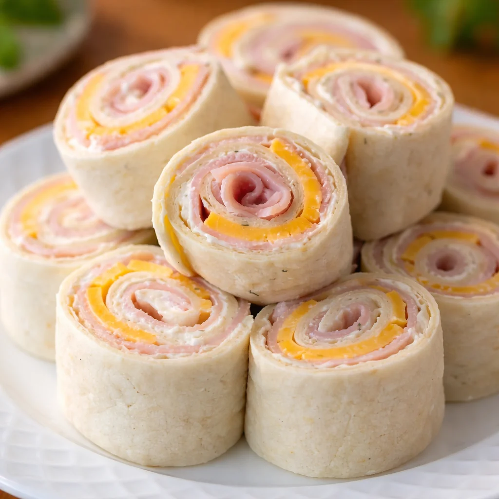 Delicious Ham and Cheese Pinwheels made with creamy filling, rolled tortillas, and sliced deli ham.